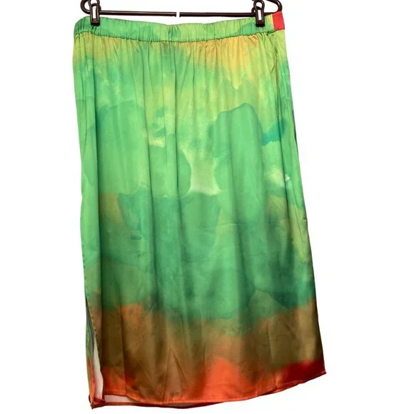 Ombré The Drop XXL Satiny Slip Skirt XXL Midi Green Abstract Summer Boho Beach - Picture 2 of 5